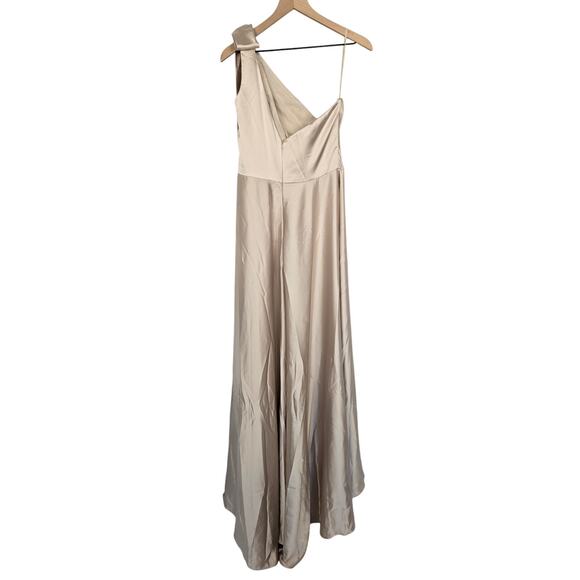 Amsale Dress Size 10 Bow One Shoulder Satin Maxi Gown in Champagne Light Gold - Picture 7 of 8